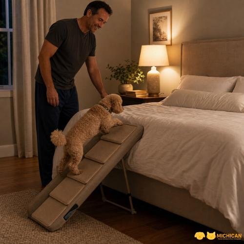Tutor feliz viendo a su perro poodle subir por una rampa para perros para cama